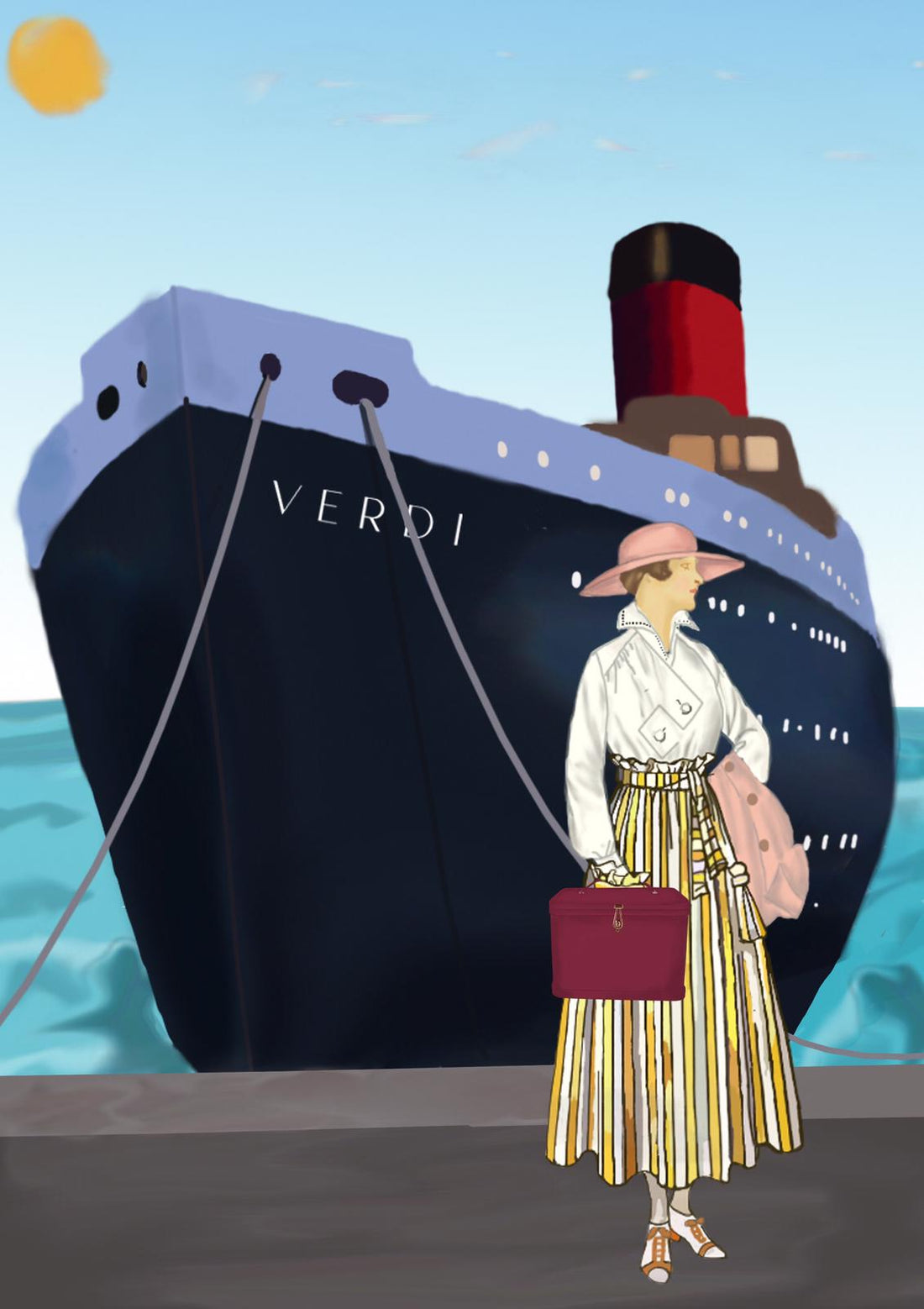 Artwork by Marine Jessica Caron illustrating Atelier Verdi Livia vanity case in front of ship