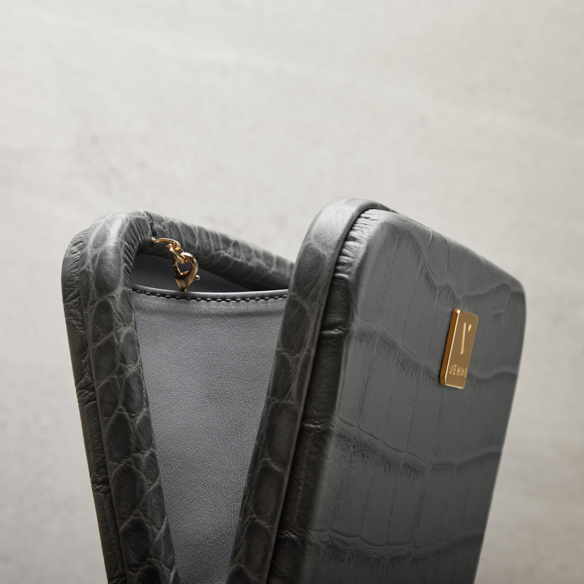 Atelier Verdi Luigia grey crocodile print leather clutch bag, open