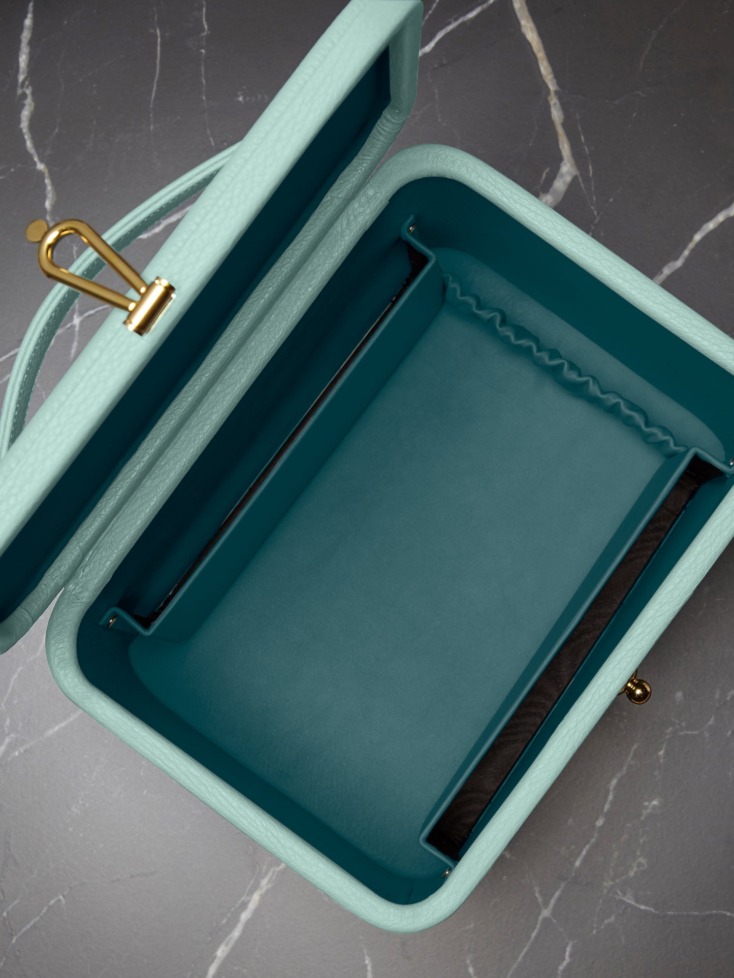 Atelier Verdi medium aquamarine leather vanity case, interior