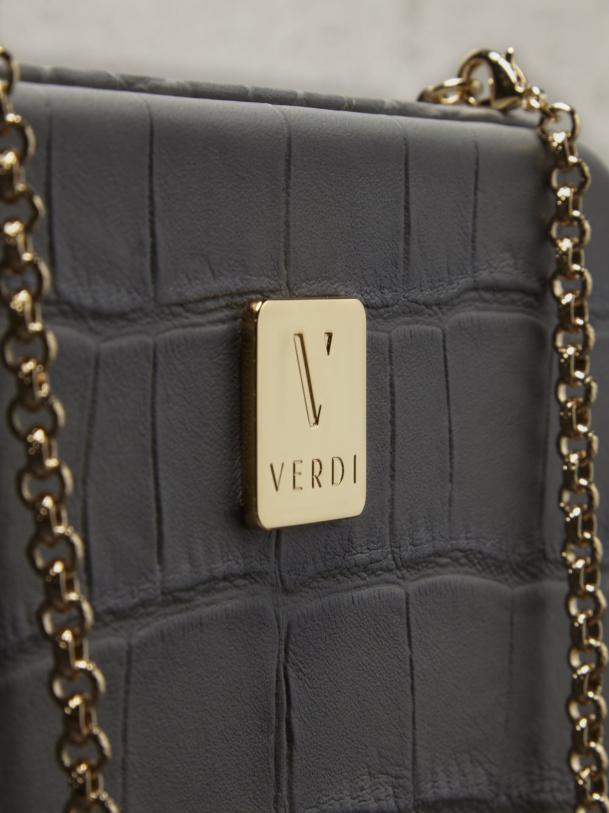 Atelier Verdi grey crocodile print leather clutch bag, gold Verdi logo detail