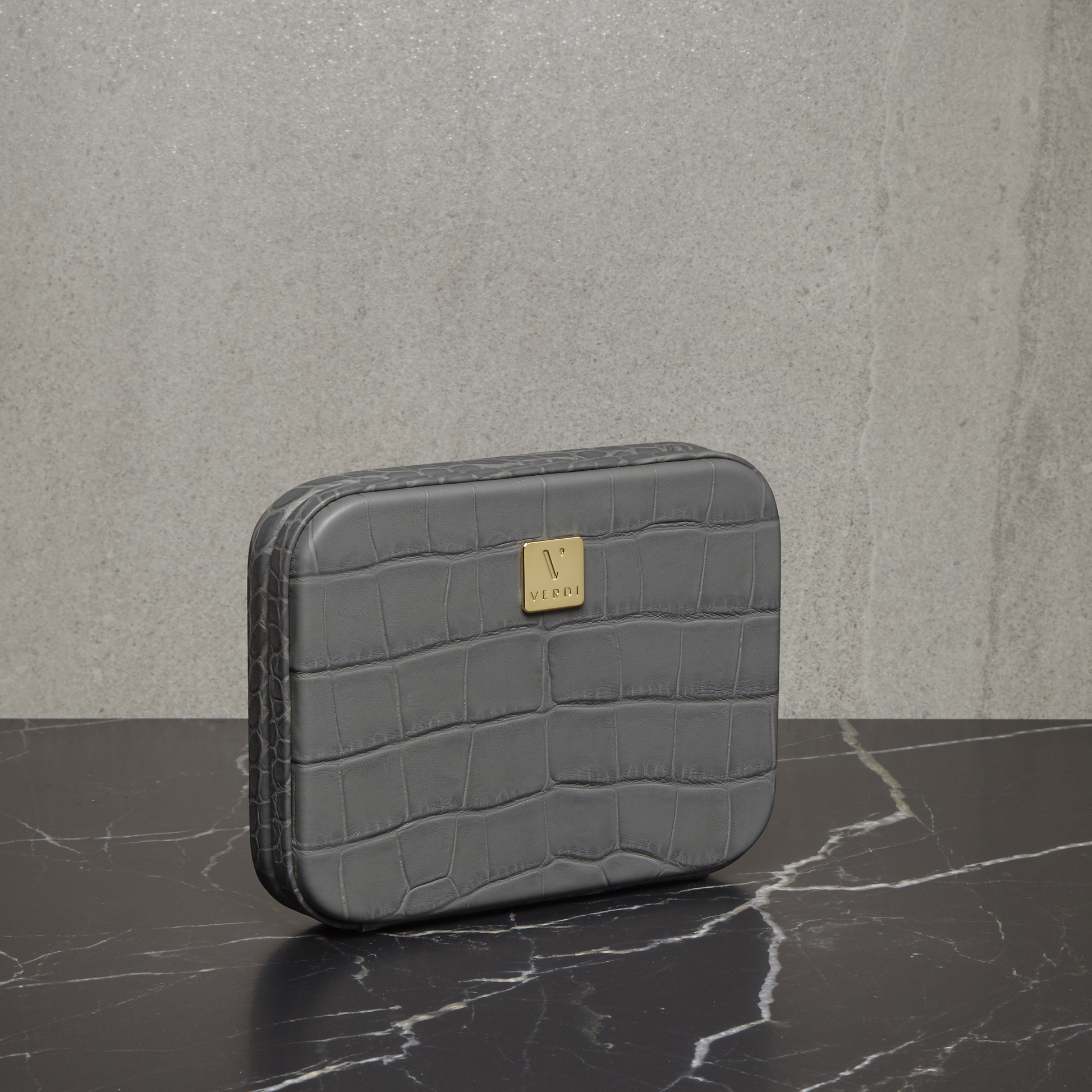 Atelier Verdi grey crocodile print leather clutch bag, side view