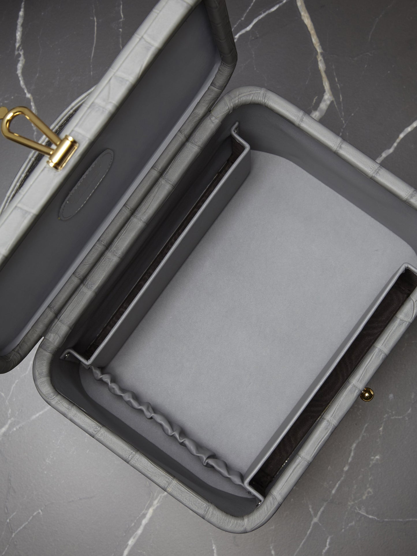 Atelier Verdi medium grey crocodile print leather vanity case, interior