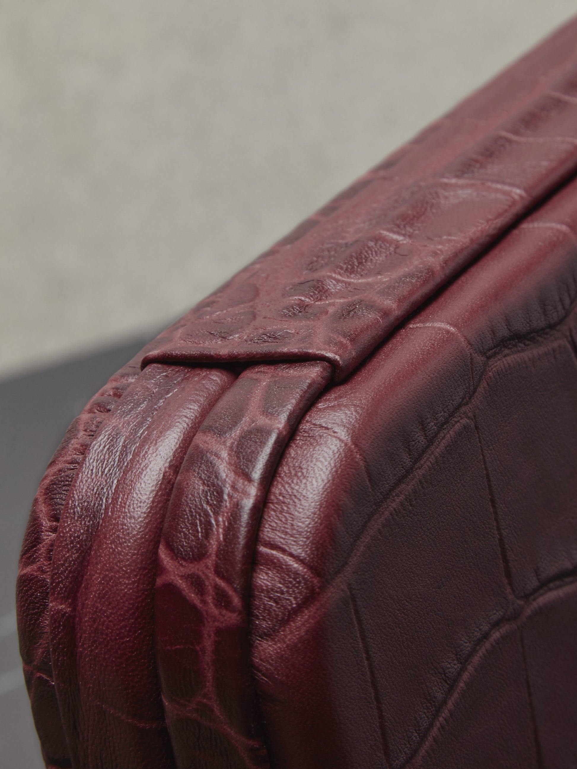Atelier Verdi wine crocodile print leather clutch bag, corner detail